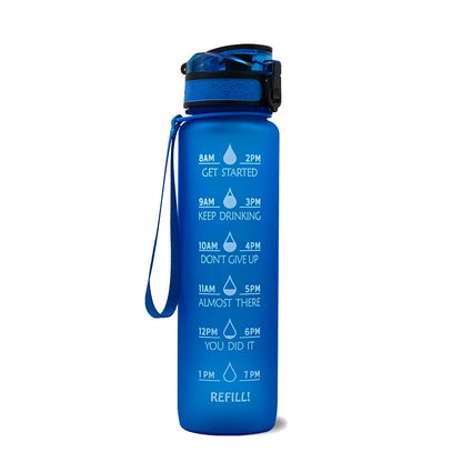 Blue and red gradient 1 litre Tritan sports water bottle with time markers and a flip-top lid.