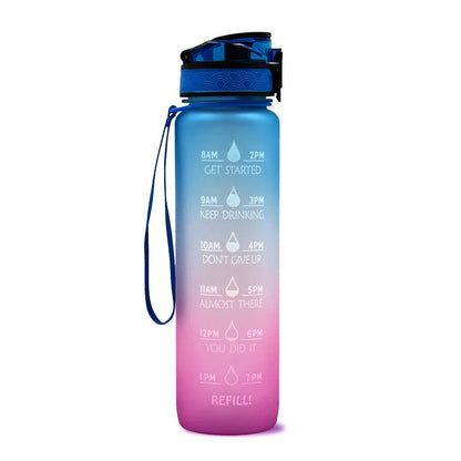 Blue and red gradient 1 litre Tritan sports water bottle with time markers and a flip-top lid.