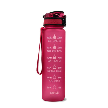Blue and red gradient 1 litre Tritan sports water bottle with time markers and a flip-top lid.