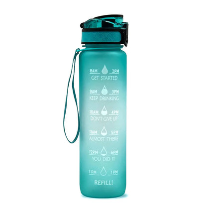 Blue and red gradient 1 litre Tritan sports water bottle with time markers and a flip-top lid.