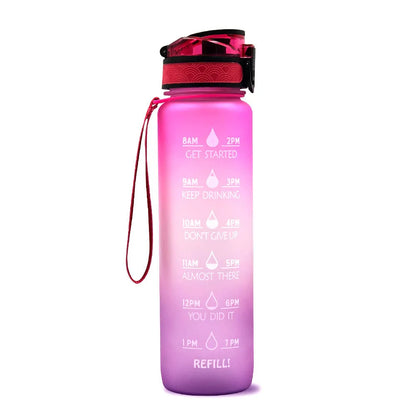 Blue and red gradient 1 litre Tritan sports water bottle with time markers and a flip-top lid.