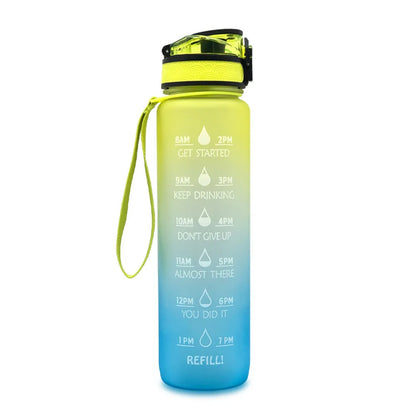 Blue and red gradient 1 litre Tritan sports water bottle with time markers and a flip-top lid.