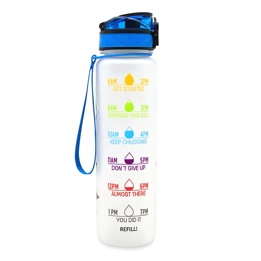 Blue and red gradient 1 litre Tritan sports water bottle with time markers and a flip-top lid.