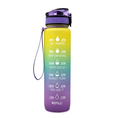 Blue and red gradient 1 litre Tritan sports water bottle with time markers and a flip-top lid.