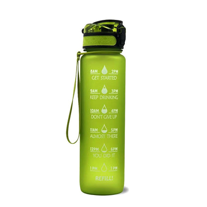 Blue and red gradient 1 litre Tritan sports water bottle with time markers and a flip-top lid.