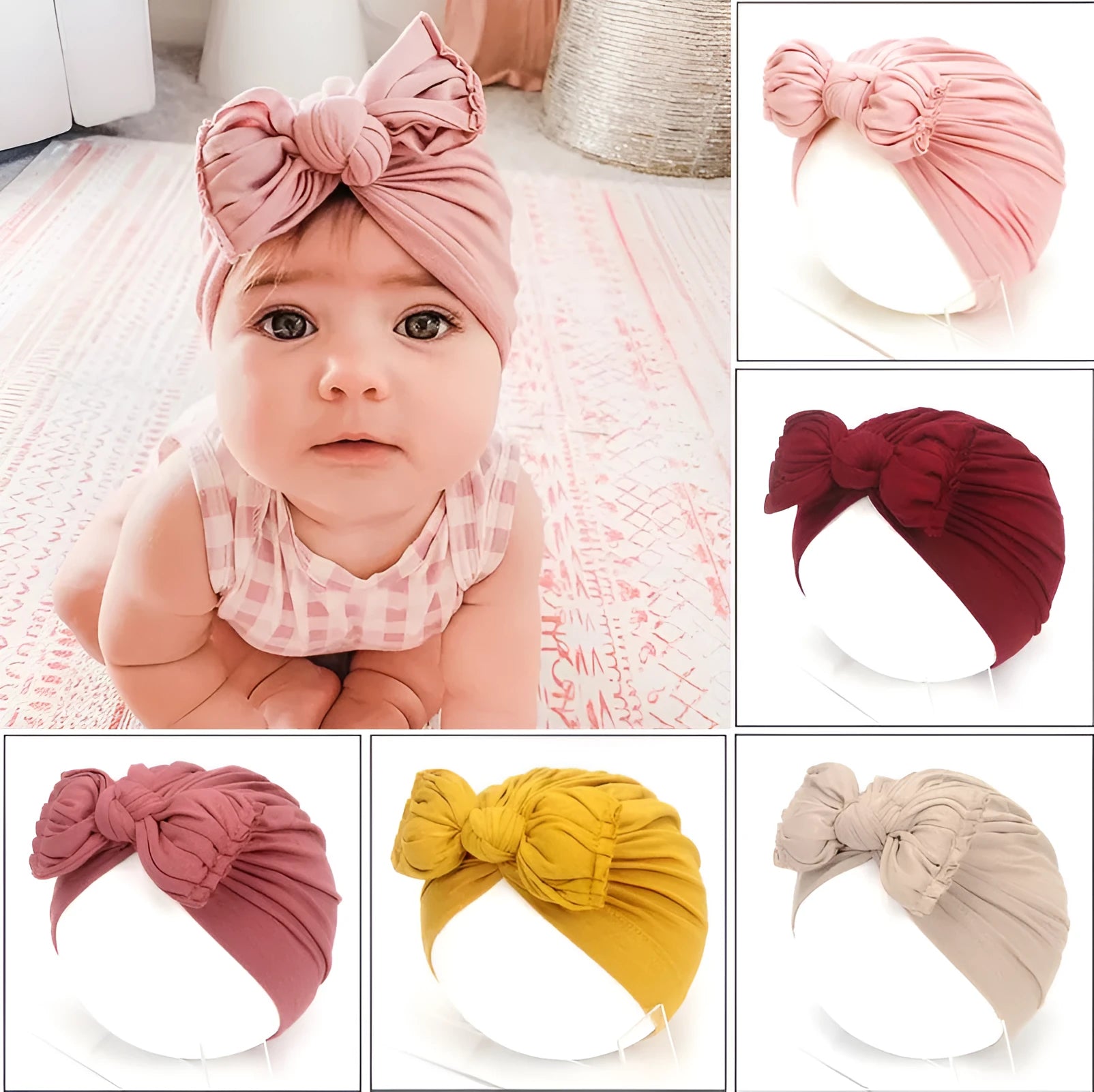 Soft acrylic knitted baby girl hat in a solid colour, shown fitting an infant.