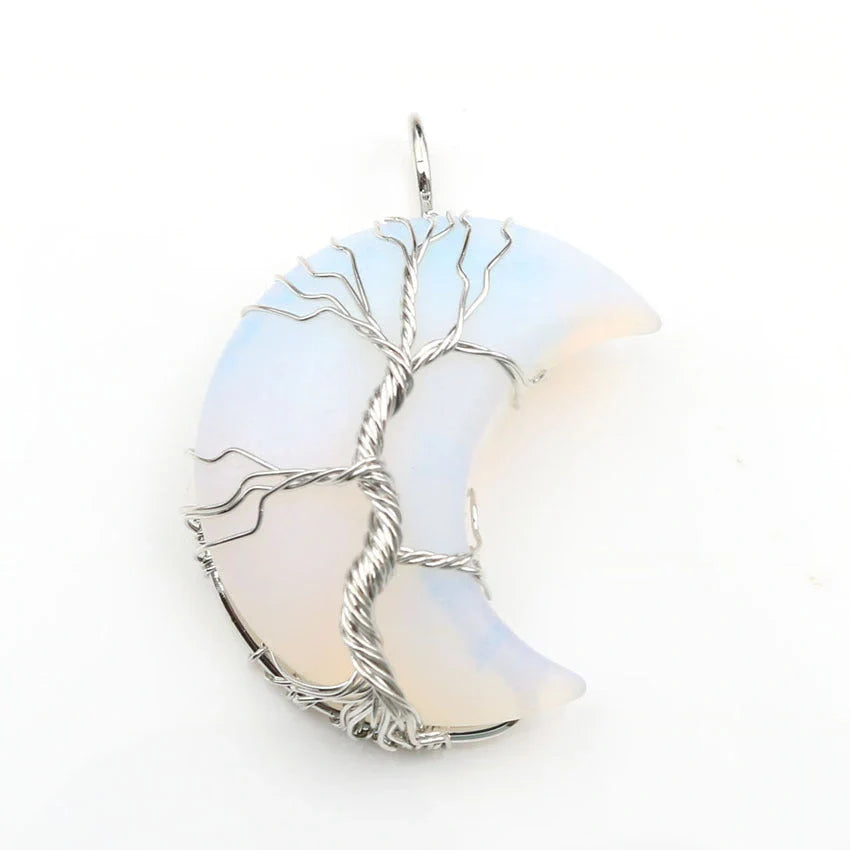 Handmade moon-shaped Tree of Life pendant necklace in natural crystal stone