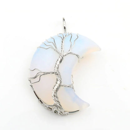Handmade moon-shaped Tree of Life pendant necklace in natural crystal stone