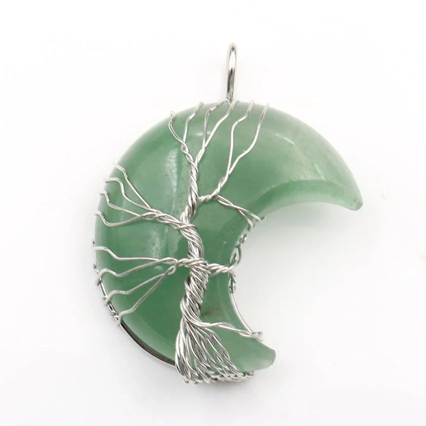 Handmade moon-shaped Tree of Life pendant necklace in natural crystal stone
