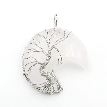 Handmade moon-shaped Tree of Life pendant necklace in natural crystal stone