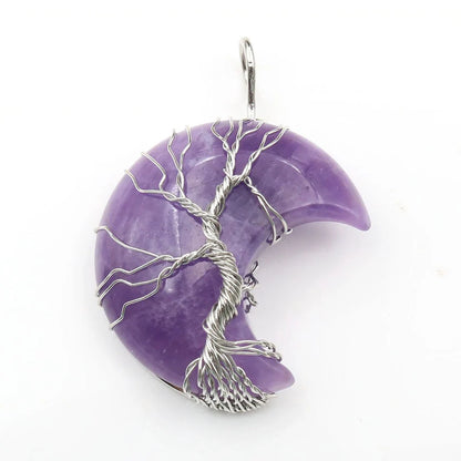 Handmade moon-shaped Tree of Life pendant necklace in natural crystal stone
