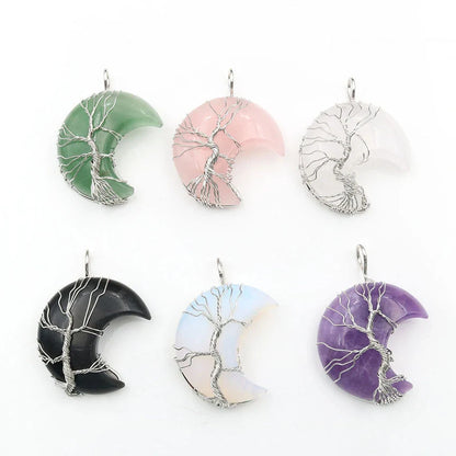 Handmade moon-shaped Tree of Life pendant necklace in natural crystal stone