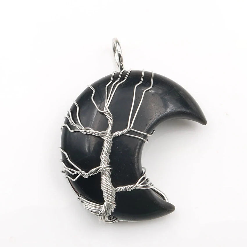 Handmade moon-shaped Tree of Life pendant necklace in natural crystal stone