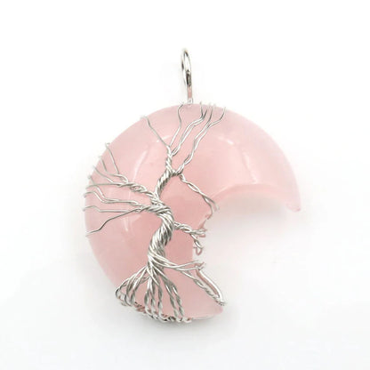 Handmade moon-shaped Tree of Life pendant necklace in natural crystal stone