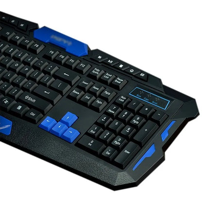 Blue and black wireless keyboard and mouse set on a desk.