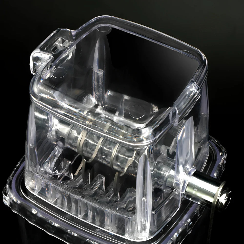 Manual ice crusher with transparent housing showing stainless steel blades and 2L capacity markings