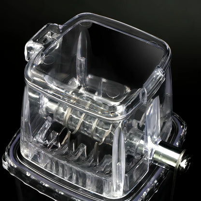 Manual ice crusher with transparent housing showing stainless steel blades and 2L capacity markings