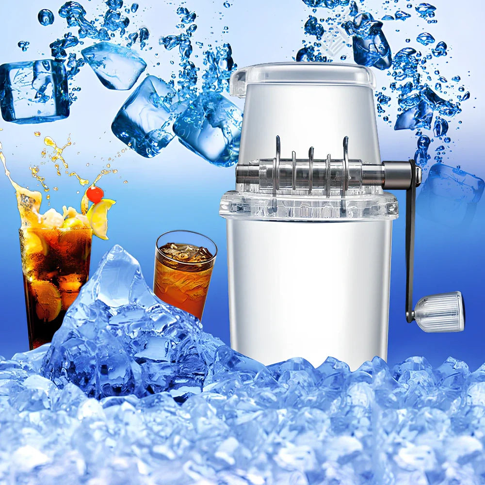 Manual ice crusher with transparent housing showing stainless steel blades and 2L capacity markings