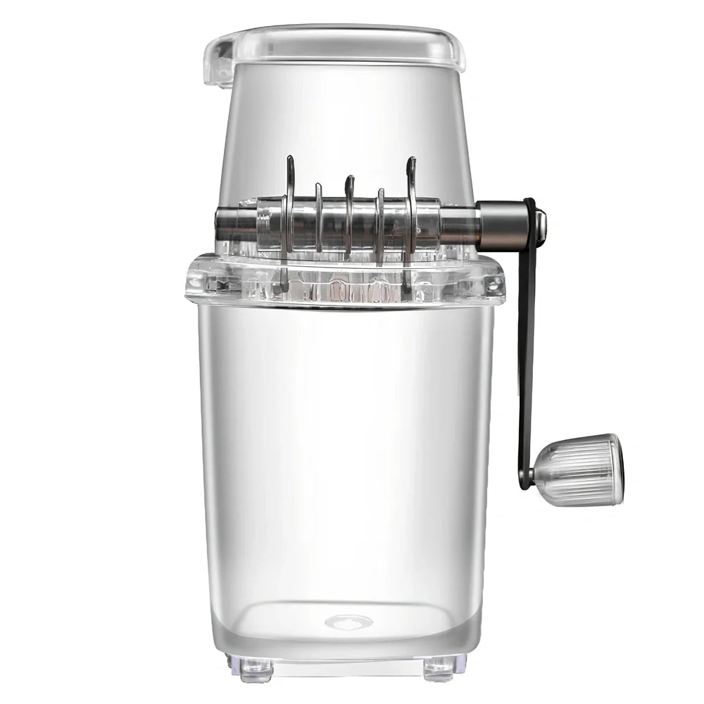 Manual ice crusher with transparent housing showing stainless steel blades and 2L capacity markings