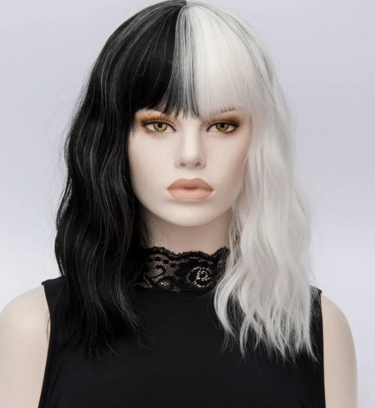 Short black and white half-fight synthetic wig with Qi bangs for anime cosplay