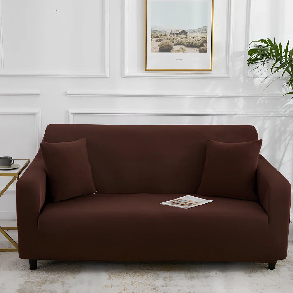 Universal stretch sofa cover on modular sofa showing 360-degree coverage and elastic edging