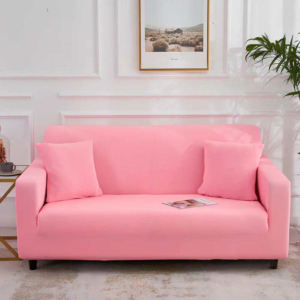 Universal stretch sofa cover on modular sofa showing 360-degree coverage and elastic edging