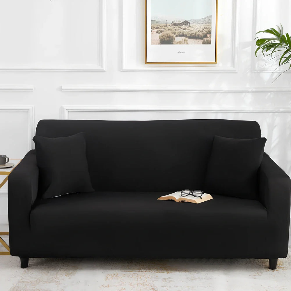 Universal stretch sofa cover on modular sofa showing 360-degree coverage and elastic edging