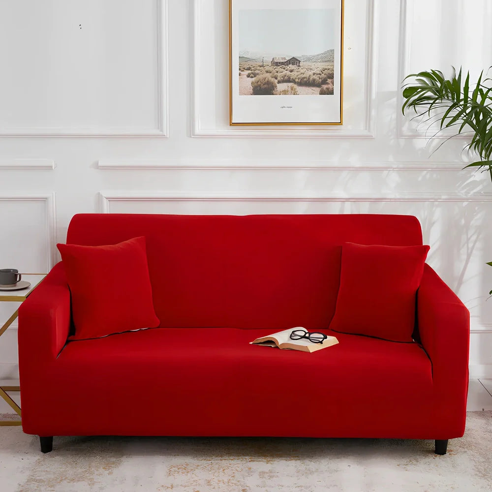 Universal stretch sofa cover on modular sofa showing 360-degree coverage and elastic edging