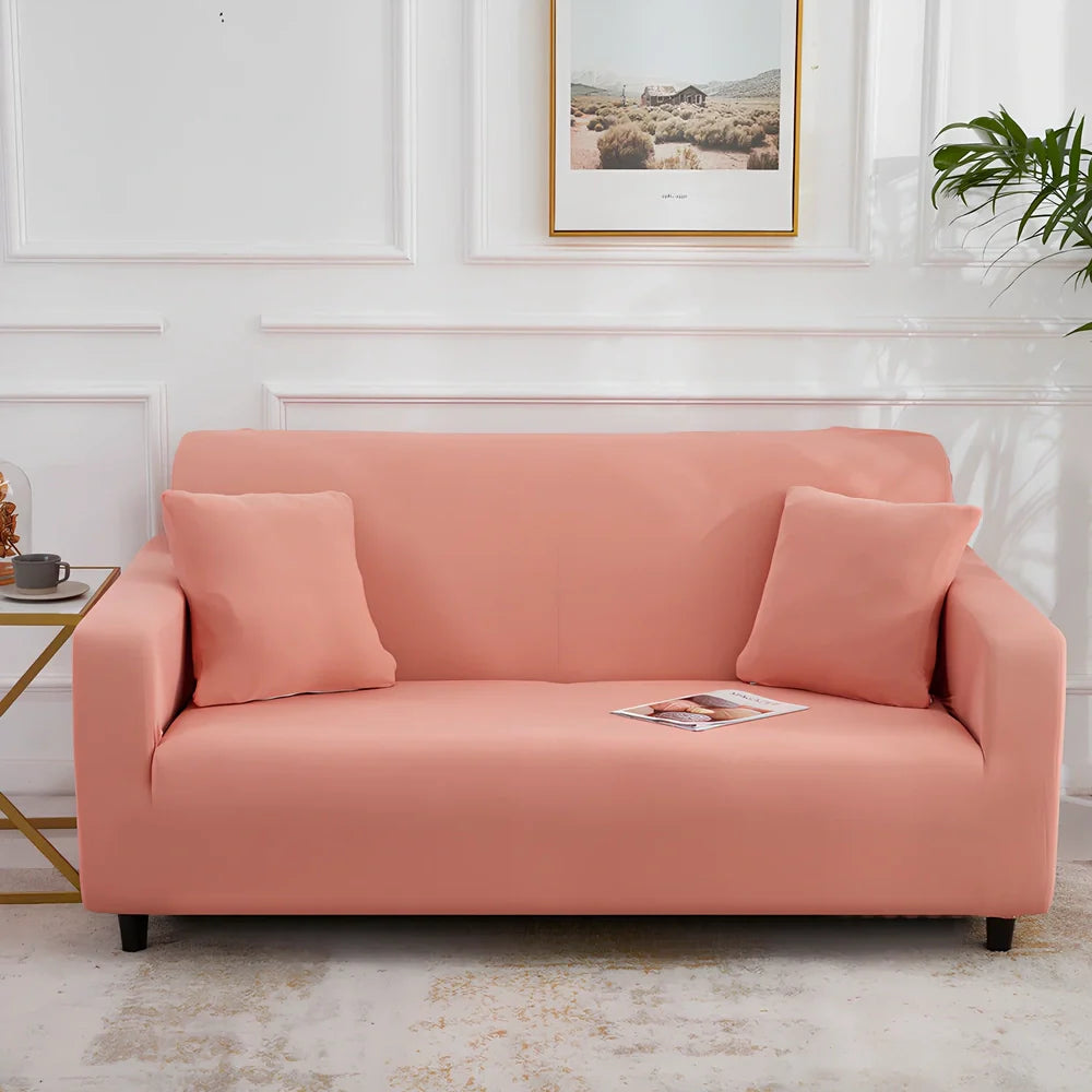 Universal stretch sofa cover on modular sofa showing 360-degree coverage and elastic edging