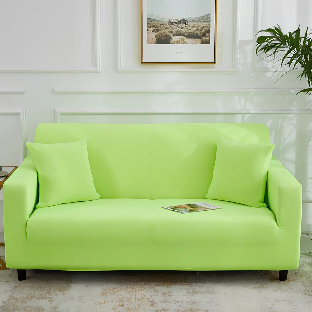 Universal stretch sofa cover on modular sofa showing 360-degree coverage and elastic edging