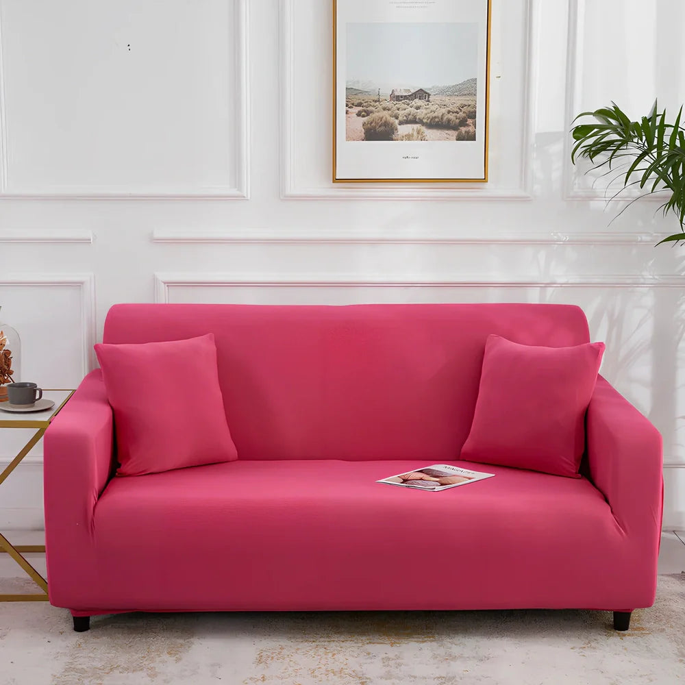 Universal stretch sofa cover on modular sofa showing 360-degree coverage and elastic edging