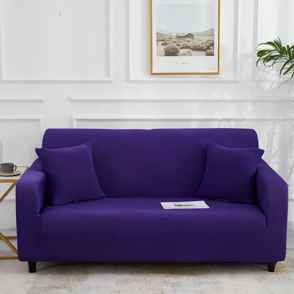Universal stretch sofa cover on modular sofa showing 360-degree coverage and elastic edging