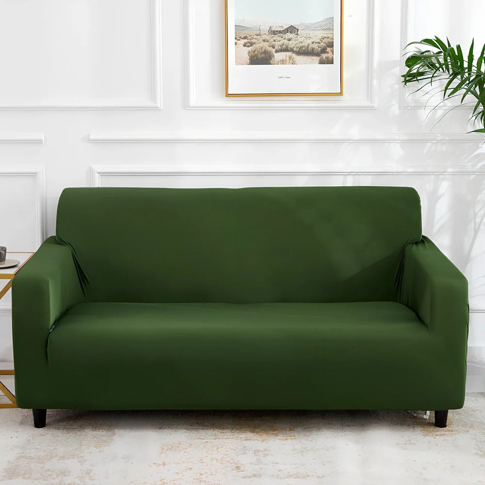 Universal stretch sofa cover on modular sofa showing 360-degree coverage and elastic edging
