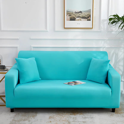 Universal stretch sofa cover on modular sofa showing 360-degree coverage and elastic edging