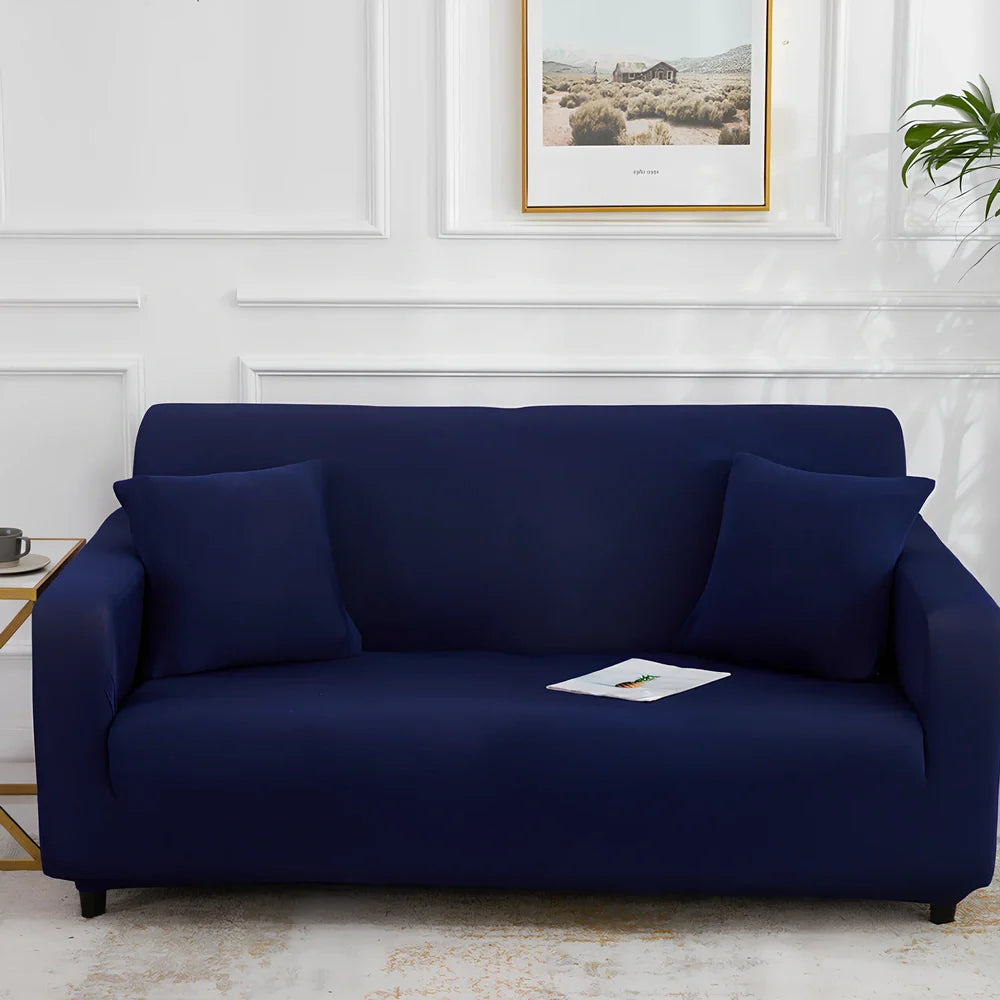Universal stretch sofa cover on modular sofa showing 360-degree coverage and elastic edging