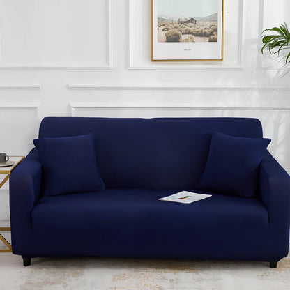 Universal stretch sofa cover on modular sofa showing 360-degree coverage and elastic edging