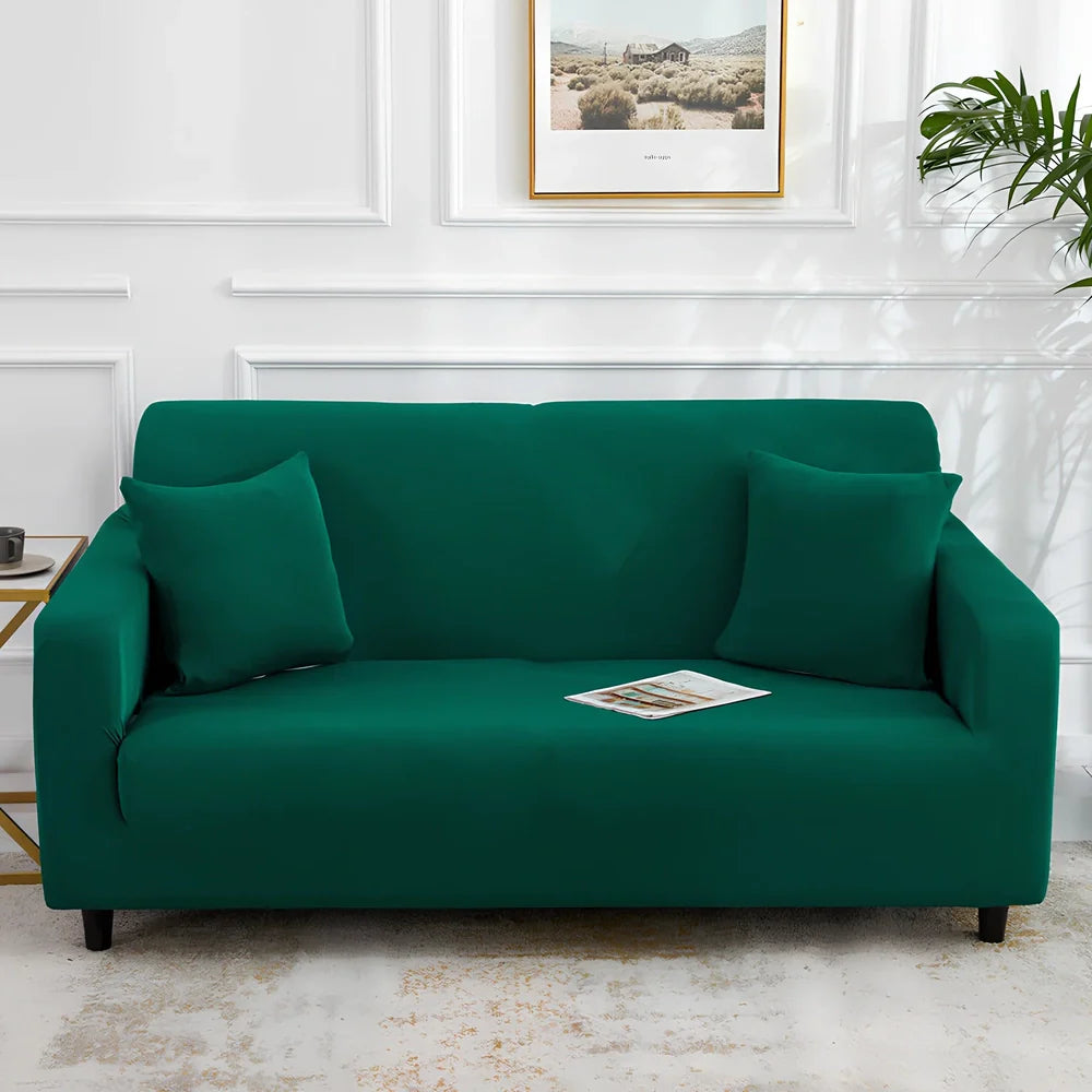 Universal stretch sofa cover on modular sofa showing 360-degree coverage and elastic edging