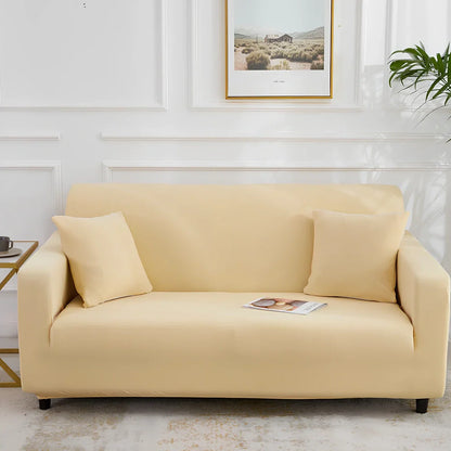 Universal stretch sofa cover on modular sofa showing 360-degree coverage and elastic edging