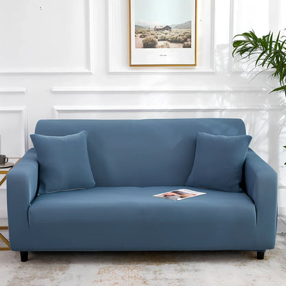 Universal stretch sofa cover on modular sofa showing 360-degree coverage and elastic edging