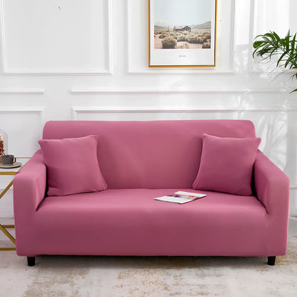 Universal stretch sofa cover on modular sofa showing 360-degree coverage and elastic edging