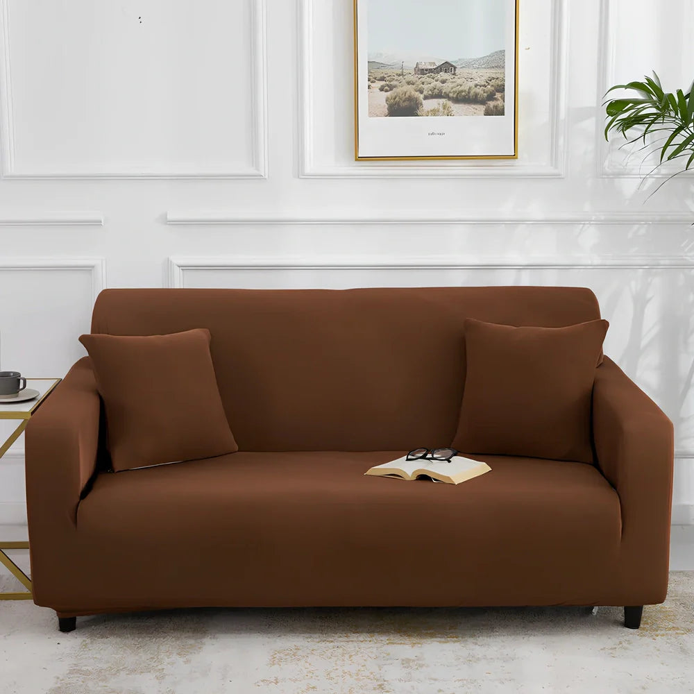 Universal stretch sofa cover on modular sofa showing 360-degree coverage and elastic edging