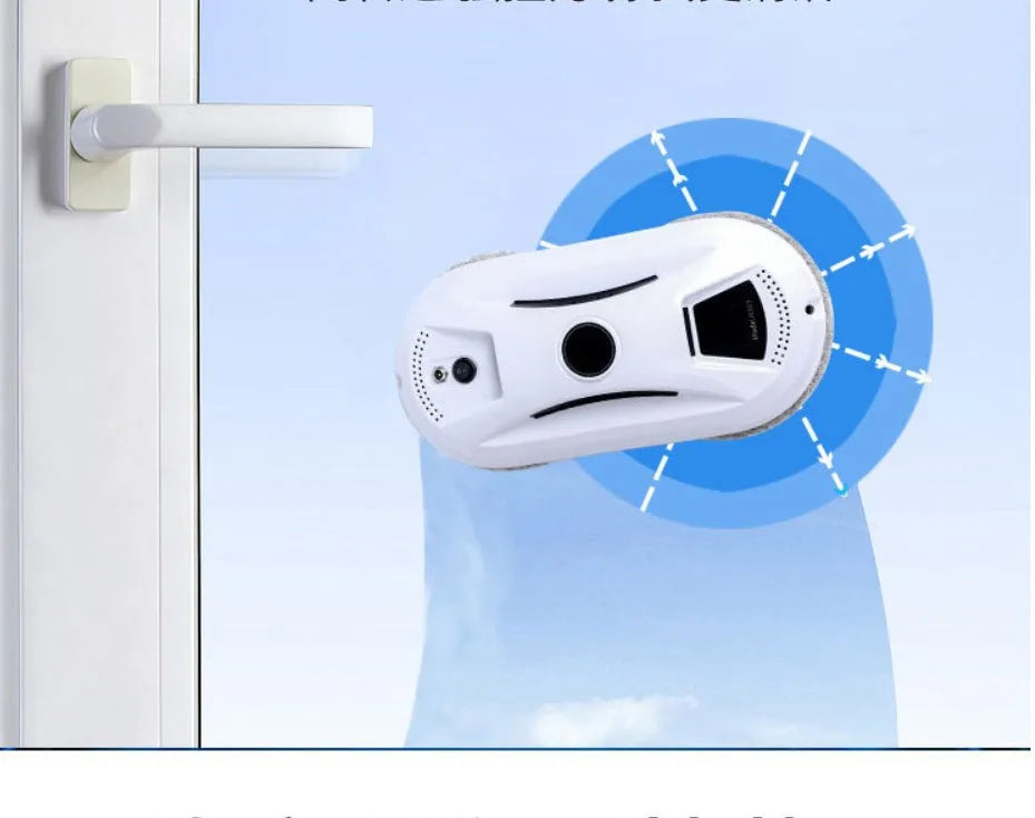 White electric window cleaning robot with compact design for automated window maintenance