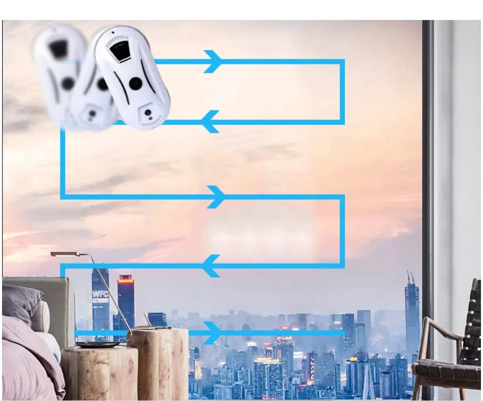 White electric window cleaning robot with compact design for automated window maintenance