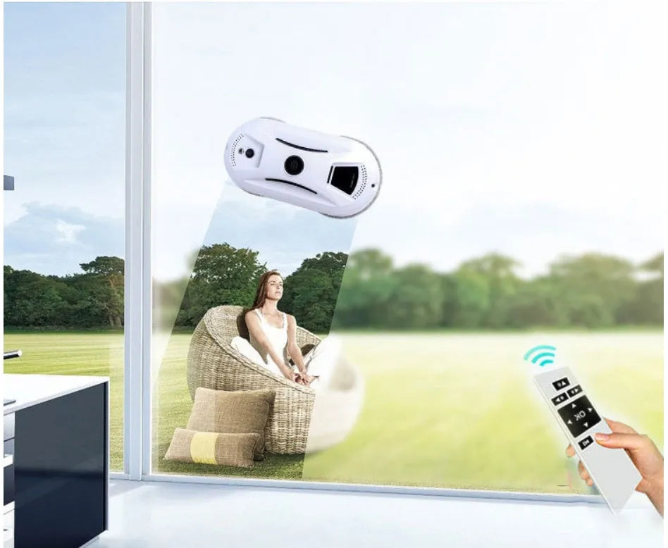 White electric window cleaning robot with compact design for automated window maintenance