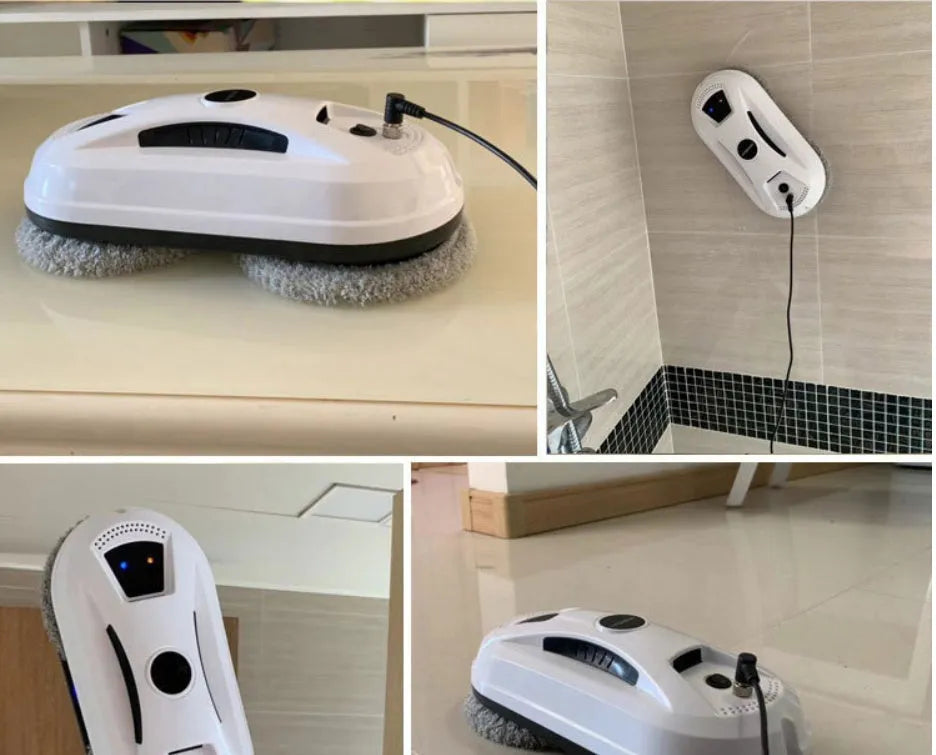 White electric window cleaning robot with compact design for automated window maintenance