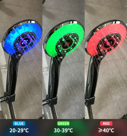 Adjustable 3-mode LED shower head with temperature-sensing RGB lighting for a luxurious bathroom upgrade