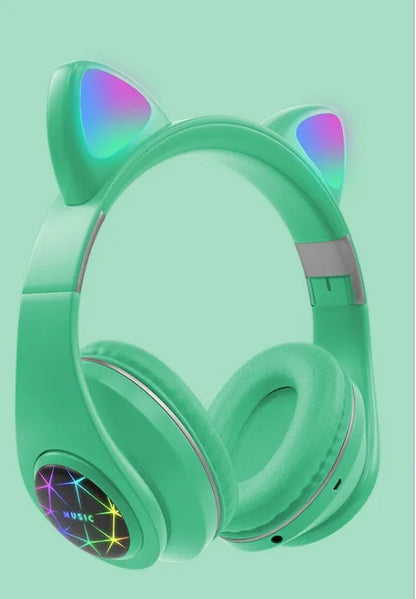 Cat ear Bluetooth headset showing black, blue, green, pink, white and yellow colour options