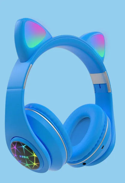 Cat ear Bluetooth headset showing black, blue, green, pink, white and yellow colour options