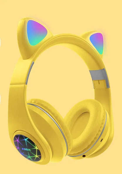 Cat ear Bluetooth headset showing black, blue, green, pink, white and yellow colour options
