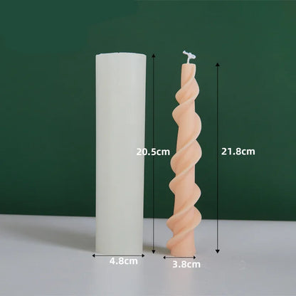 Close-up of a spiral lace rod silicone candle mould in photo colour for making textured pillar candles.